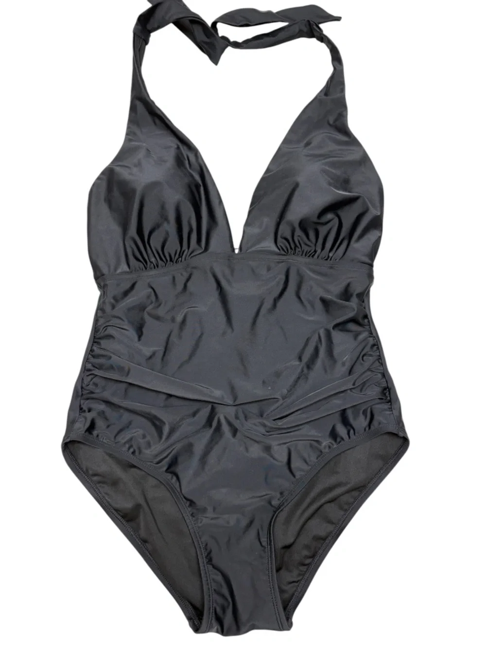 DKNY Black One Piece Halter Swimsuit L Shelf Bra Minimalist Vintage Modest Ruch - Picture 6 of 15